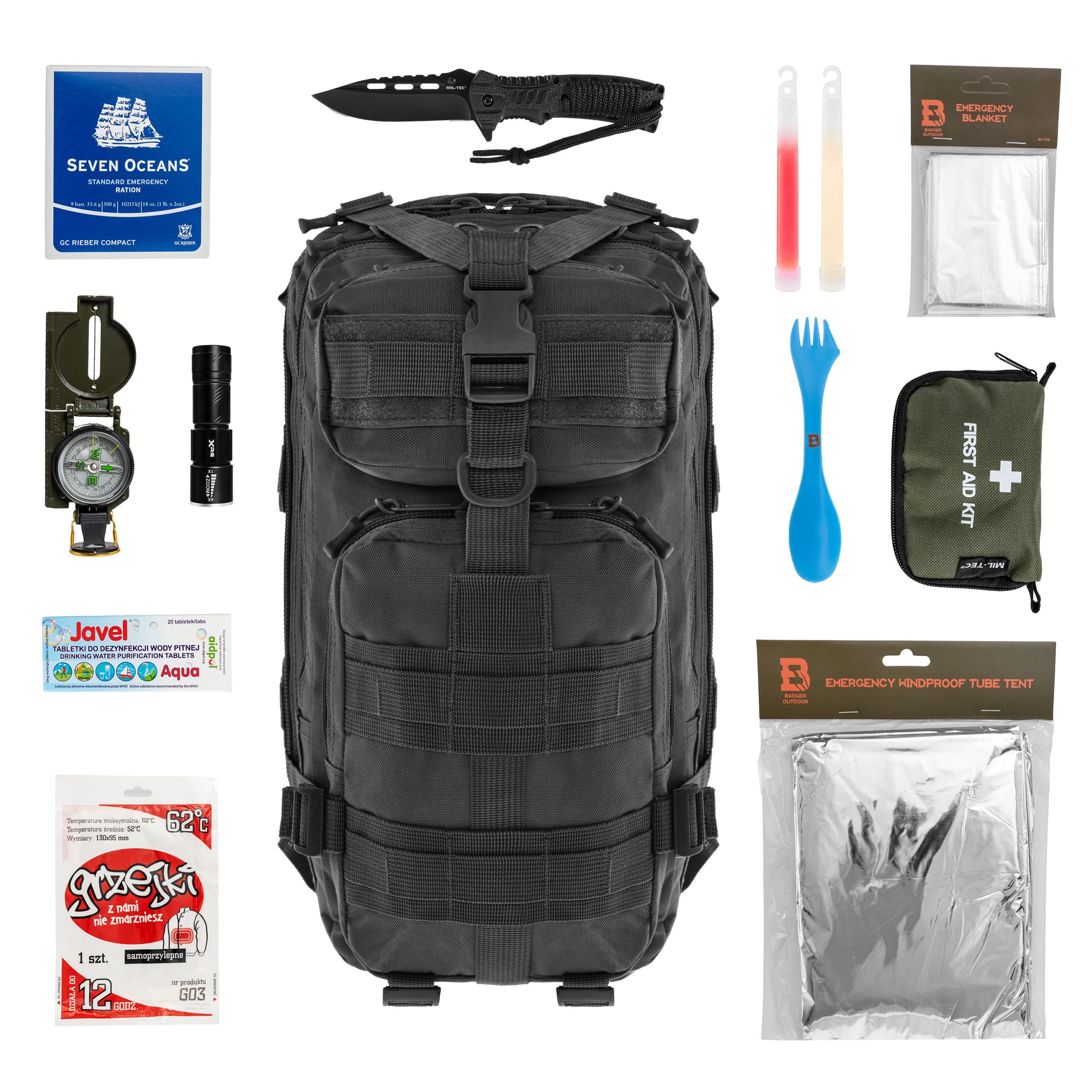 Plecak ewakuacyjny Badger Outdoor Recon 25 l Black - z wyposażeniem