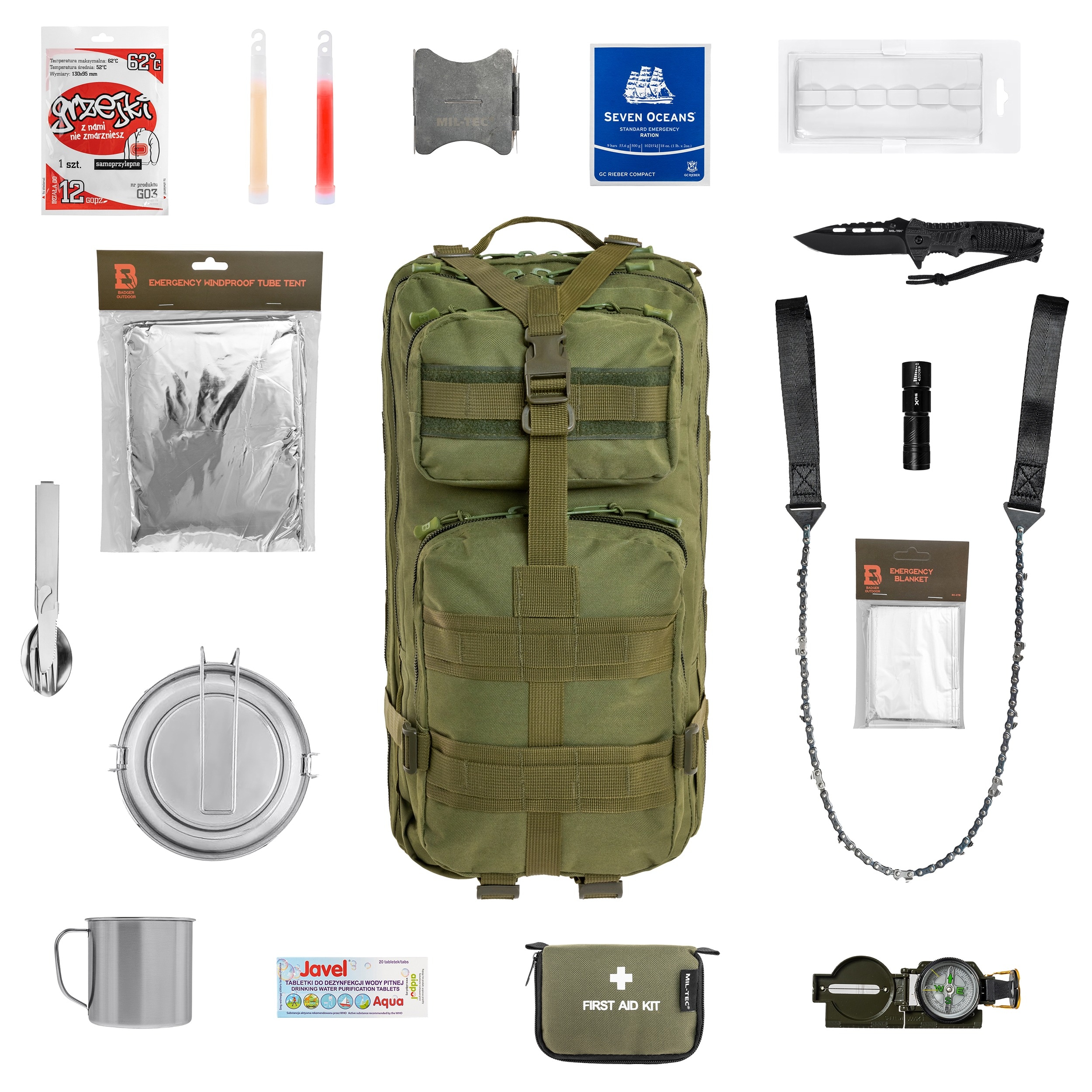 Plecak ewakuacyjny Badger Outdoor Recon 40 l Olive Medium - z wyposażeniem